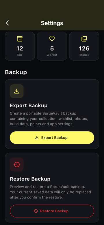 SprueVault Backup and Restore settings