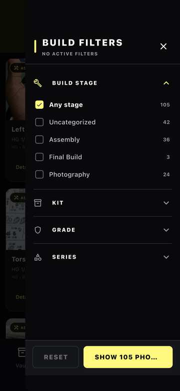 SprueVault Builds filter sidebar
