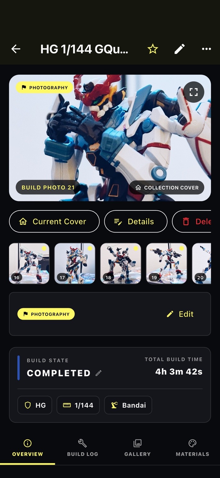 SprueVault kit detail overview with build photos, status, kit information and tracked build time