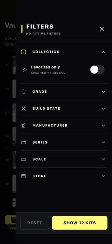 SprueVault Vault filters sidebar